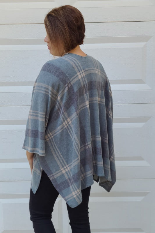 Brushed Plaid Open Cardigan in Teal