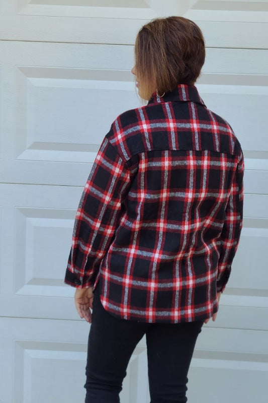 Plaid Button Down Shirt Jacket "Shacket" in Black/Red