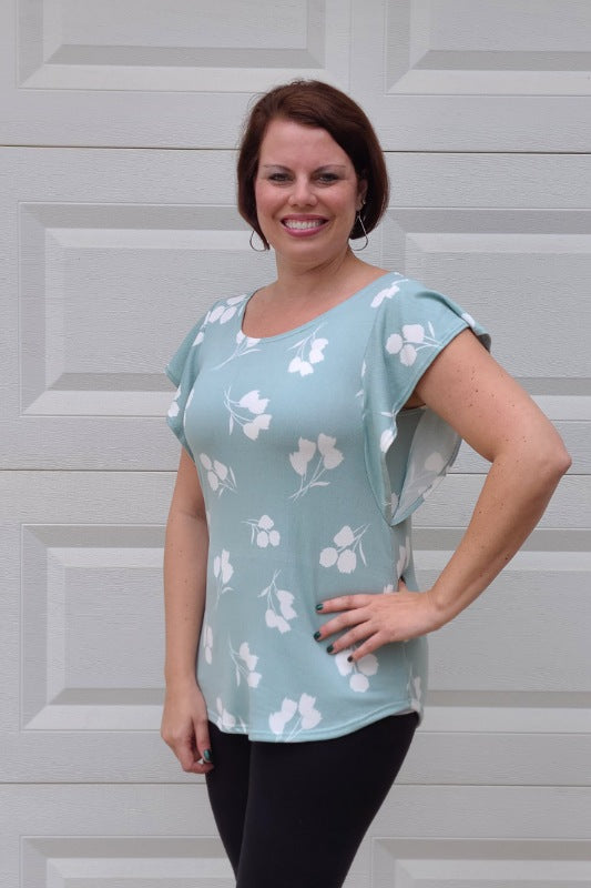 Casual Butterfly Sleeve Floral Top in Mint