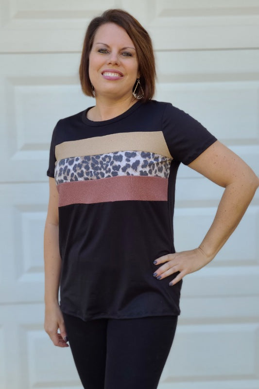Leopard Contrast Colorblock Top in Shimmery Champagne/Taupe Animal Print/Shimmery Mauve