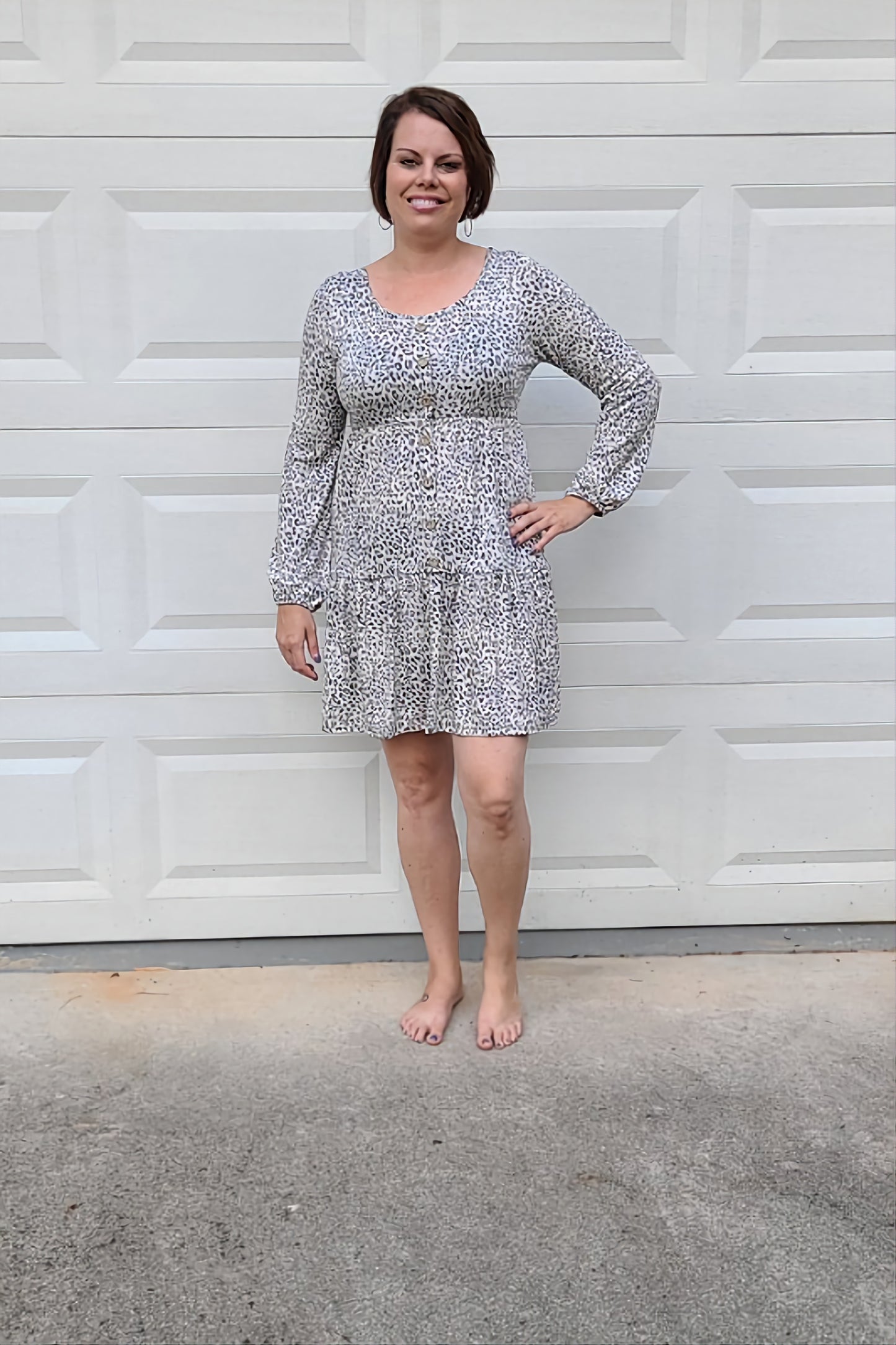 Leopard Print Long Sleeved Tiered Dress in Grey