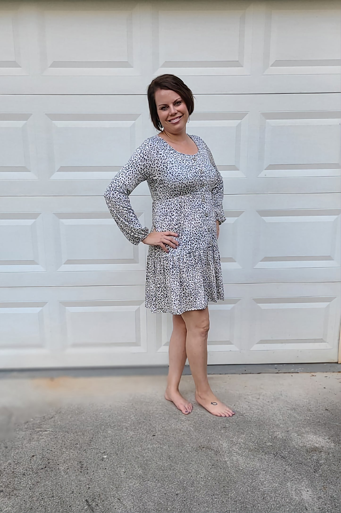 Leopard Print Long Sleeved Tiered Dress in Grey