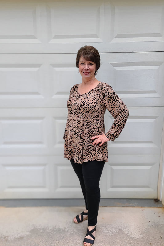 Animal Print Long Sleeve Top in Taupe