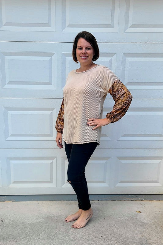 Ribbed Long Sleeve Contrast Top in Oatmeal
