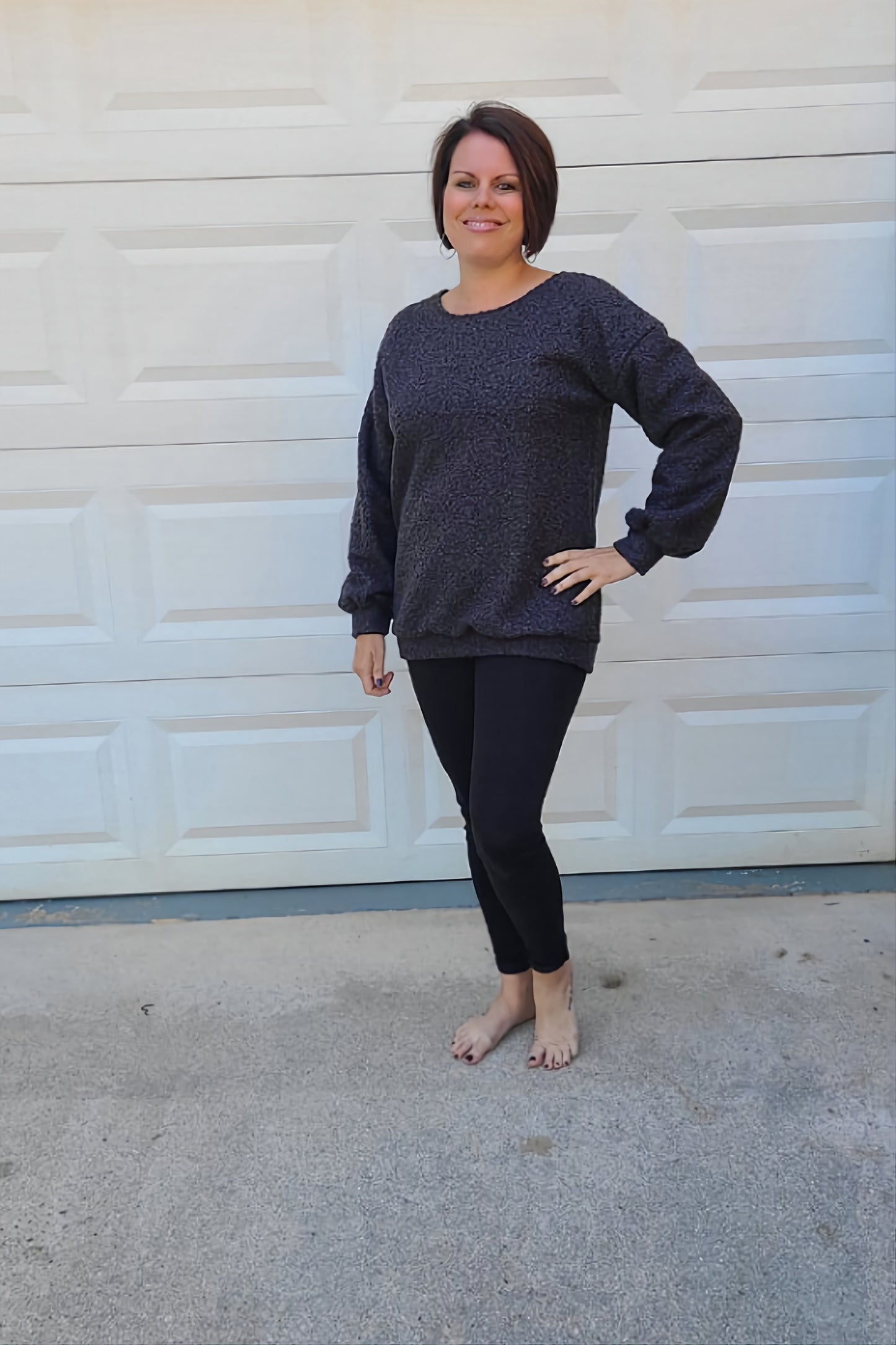 Balloon Sleeve Boucle Top in Charcoal