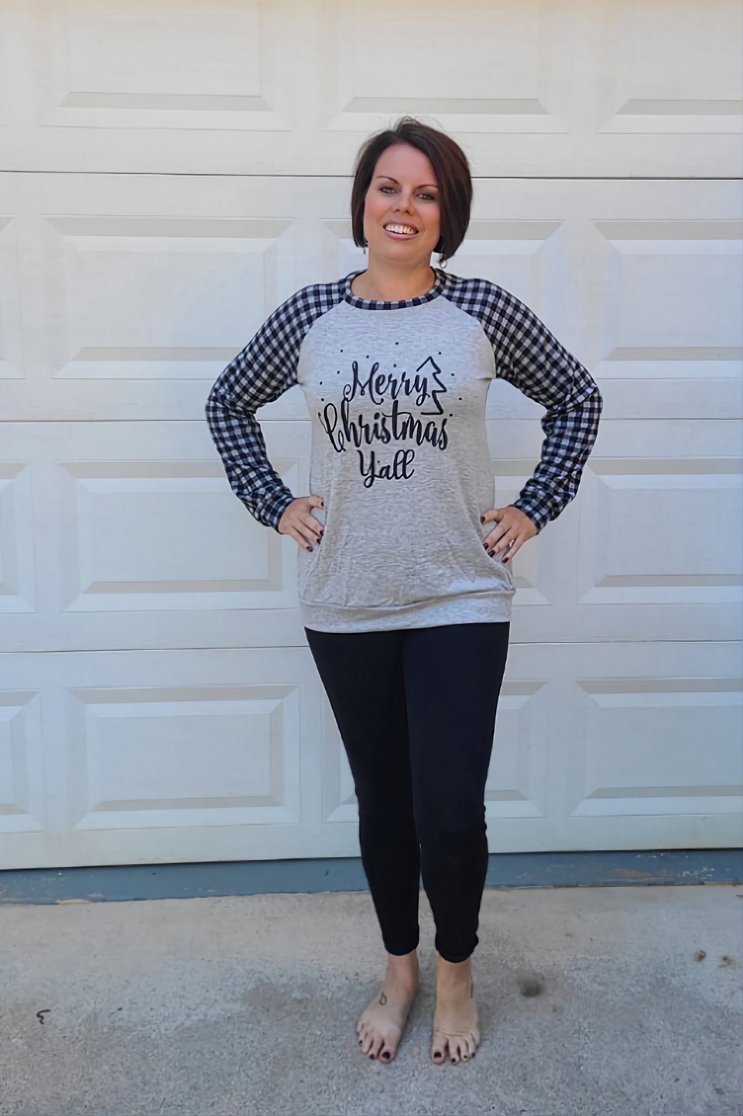 Plaid Contrast Sleeved "Merry Christmas Y'all" Print Top in Grey