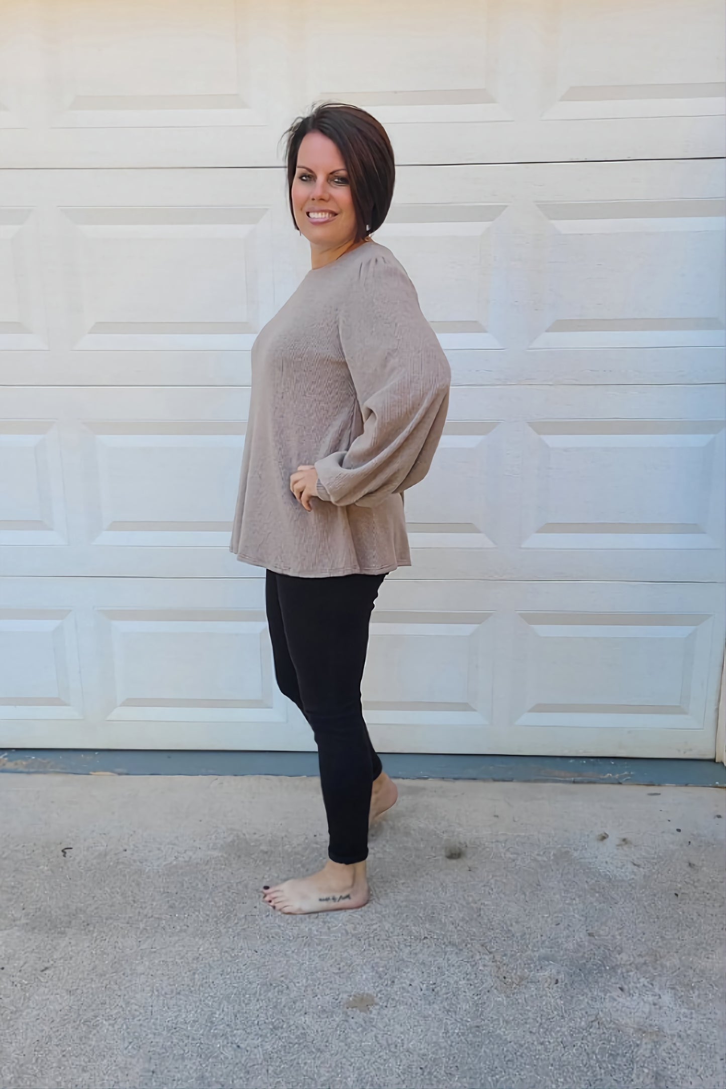Puff Sleeved Ribbed Top in Latte
