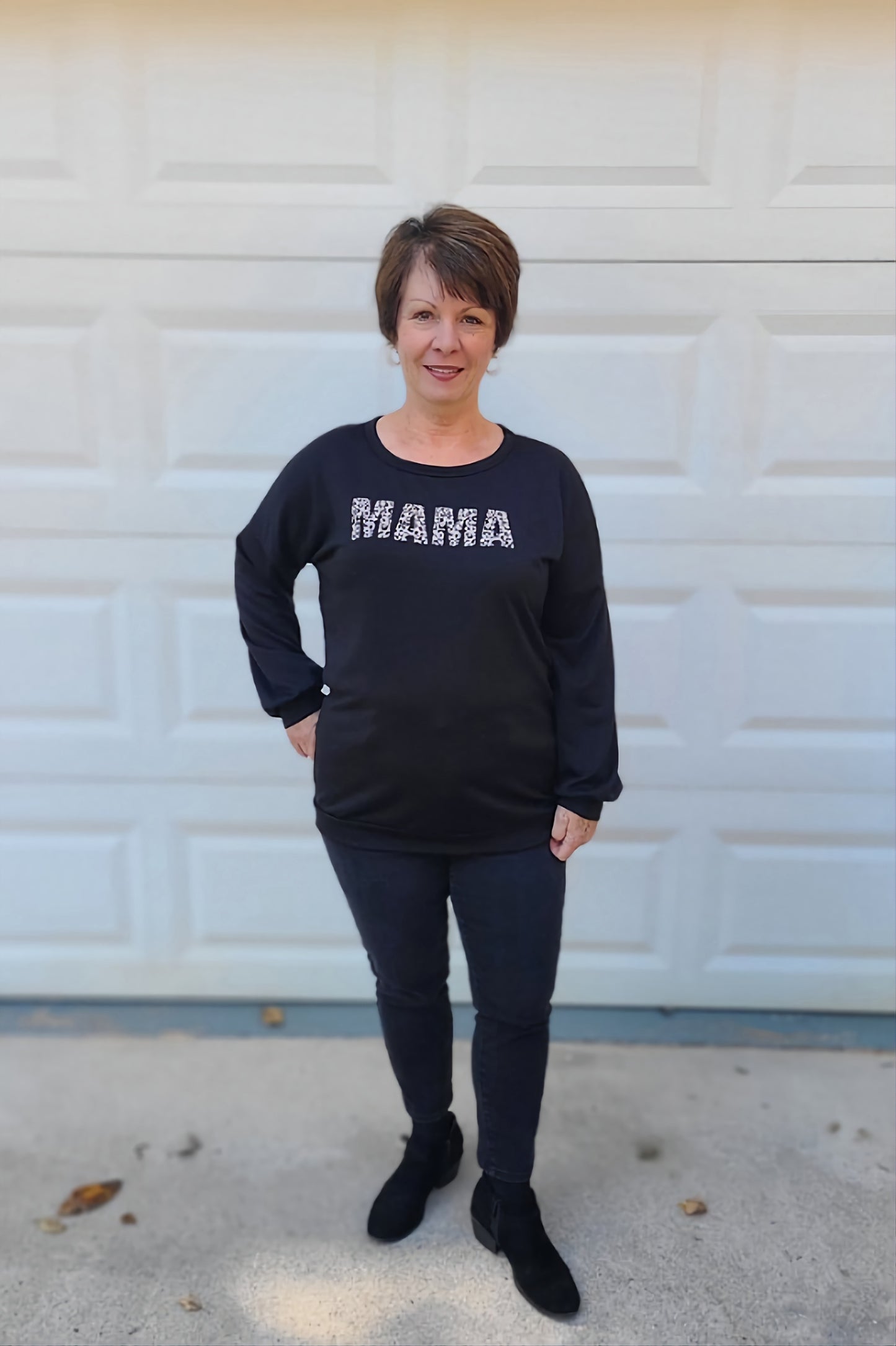Leopard "Mama" Printed Pullover Top in Black