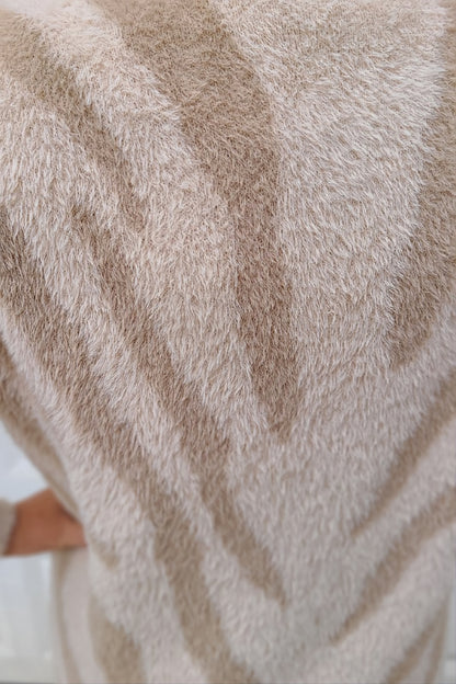 Fuzzy Animal Print Sweater Cardigan in Beige