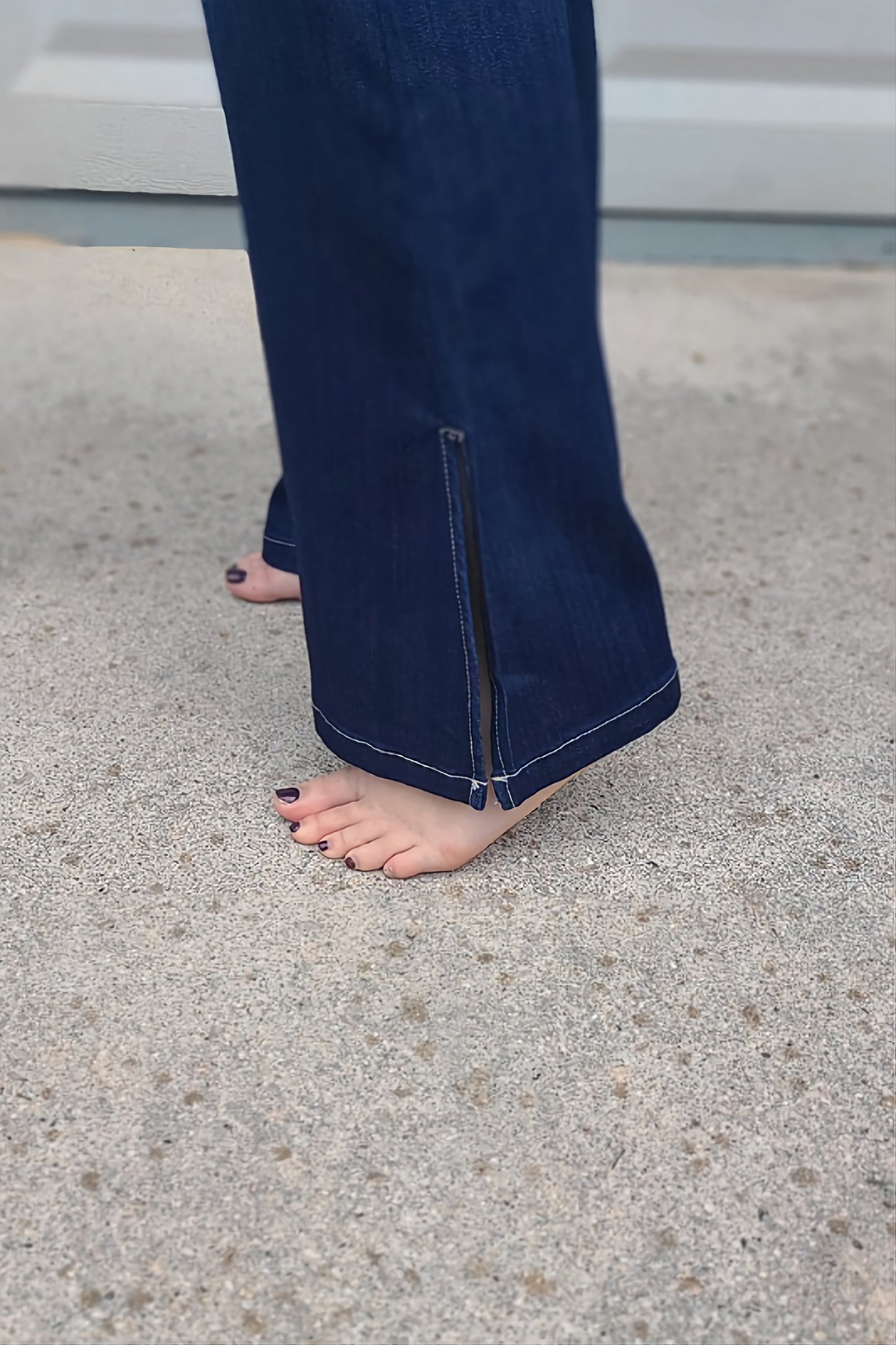 Mid- Rise Pull On Flare Jeans in Dark Denim