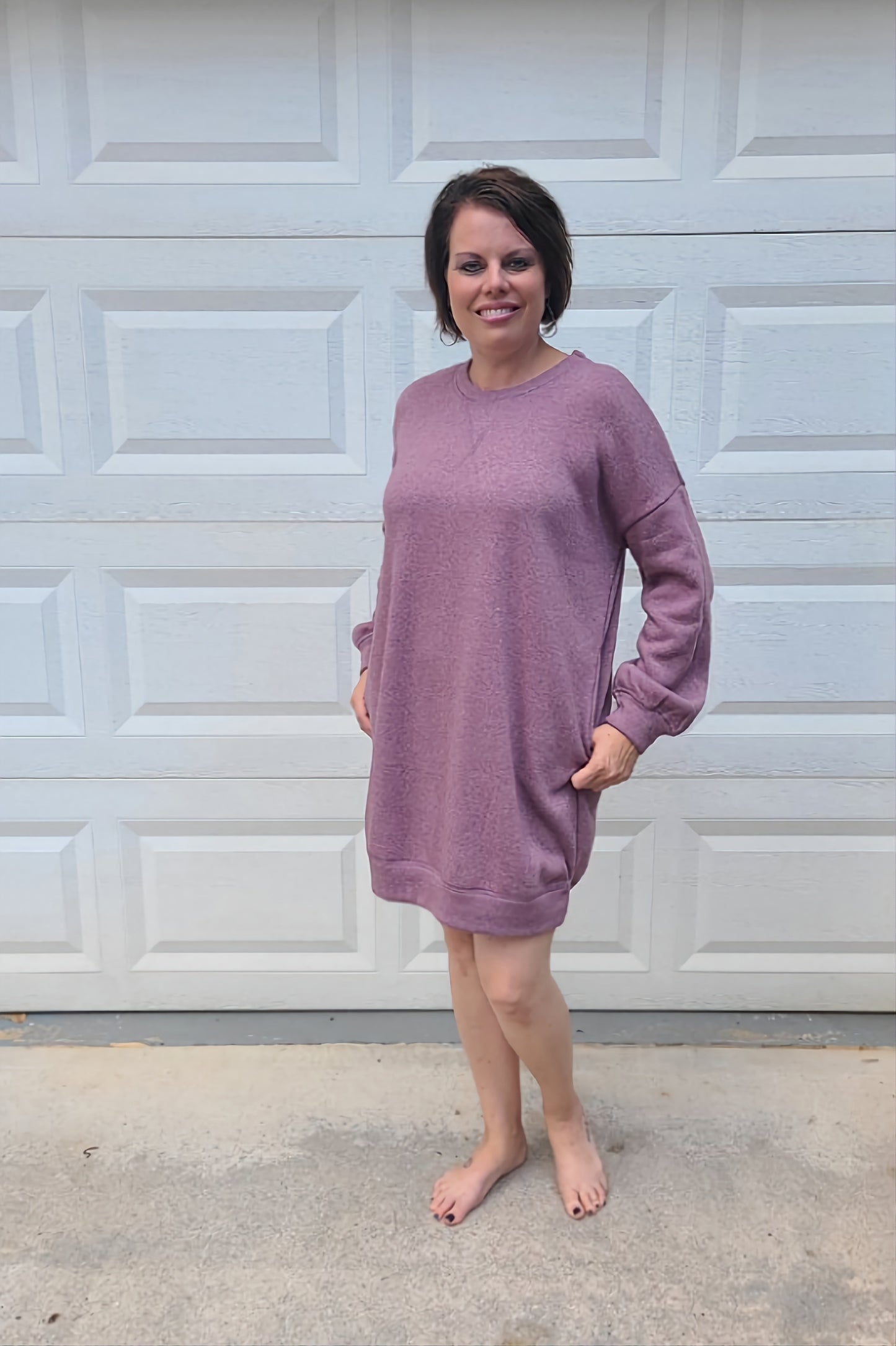 Long Balloon Sleeve Brush Knit French Terry Dress in Burgundy