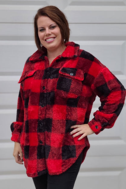 Fuzzy Button Down Plaid Shirt Jacket "Shacket" in Red/Black