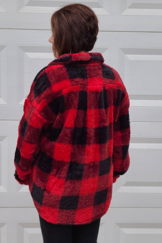 Fuzzy Button Down Plaid Shirt Jacket "Shacket" in Red/Black
