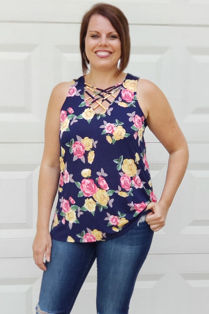 Sleeveless Criss Cross Floral Knit Top in Navy