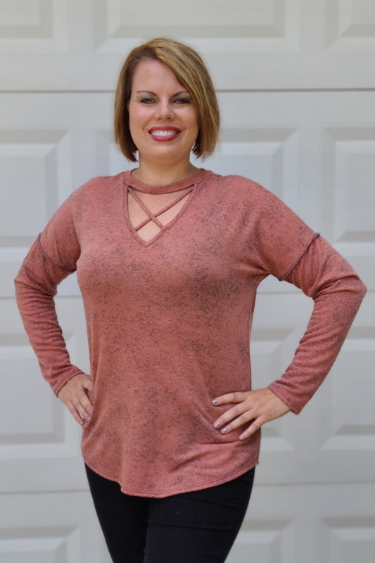 Criss Cross French Terry Pullover Top in Rust