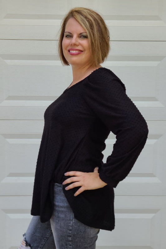 Swiss Dot V-Neck Long Sleeve Top in Black