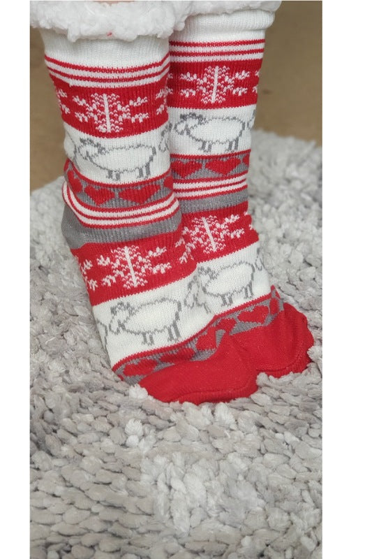 Reindeer Sherpa Christmas Slipper Socks in Red