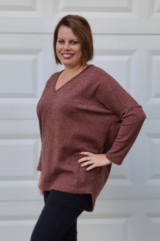 Ribbed Long Dolman Sleeve Sweater in Red Brown
