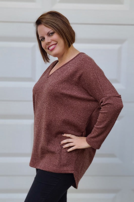 Ribbed Long Dolman Sleeve Sweater in Red Brown