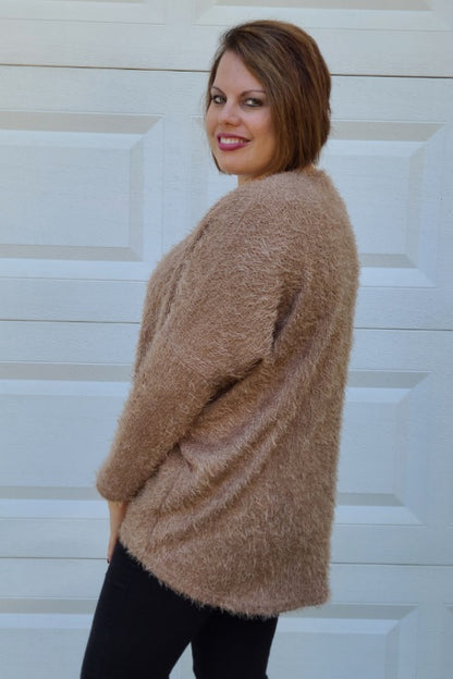 Fuzzy Feather Cardigan in Taupe