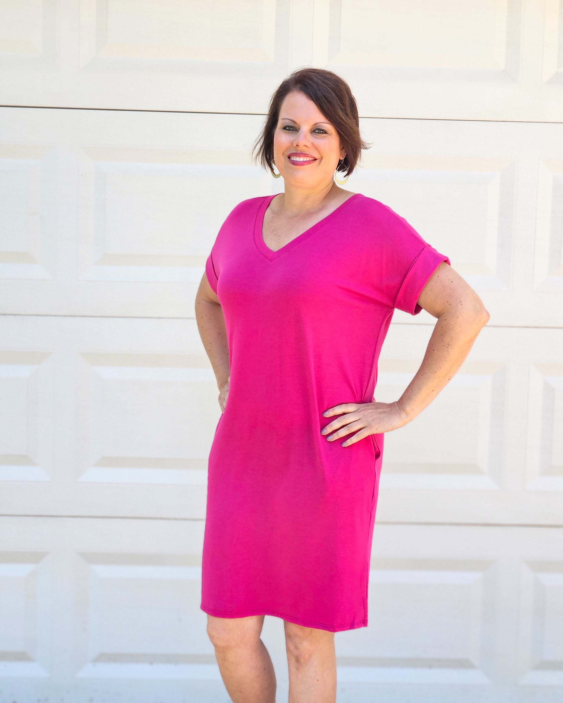 magenta shirt dress Selene Button-Trim Sleeve Dress