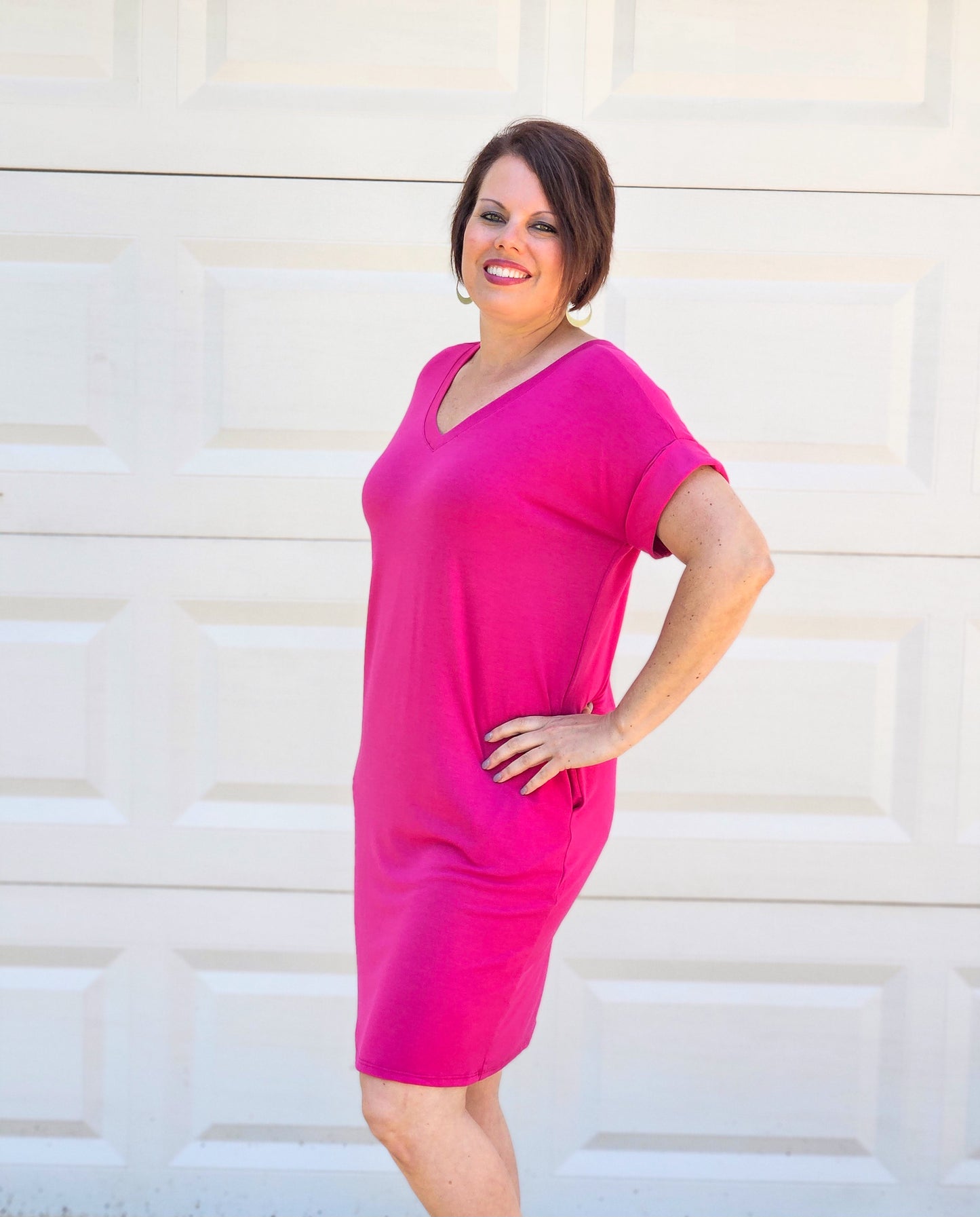 V-Neck T-Shirt Dress in Magenta XL