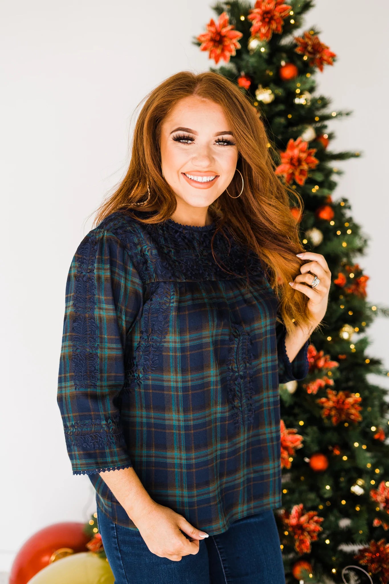 Plaid Embroidered Top in Navy
