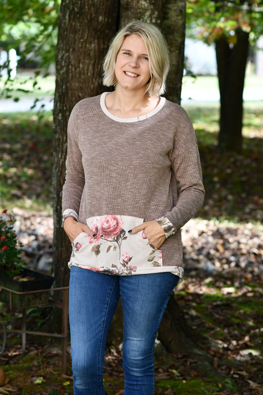 Ribbed Floral Long Sleeve Top in Mocha