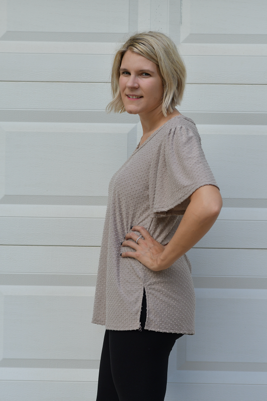 Swiss Dot Flutter Sleeve Top in Taupe