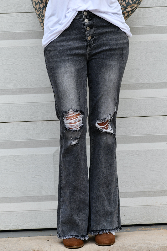 Mid-Rise Distressed Button Fly Flare Jeans in Gray