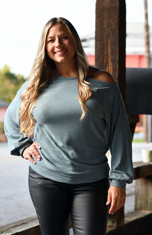 Cold Shoulder Ribbed Long Sleeve Top in Blue
