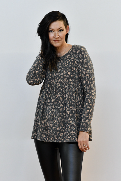 Floral Babydoll Long Sleeve Tunic in Charcoal