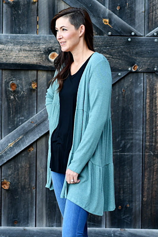 Long Sleeve Ribbed Open Cardigan in Teal
