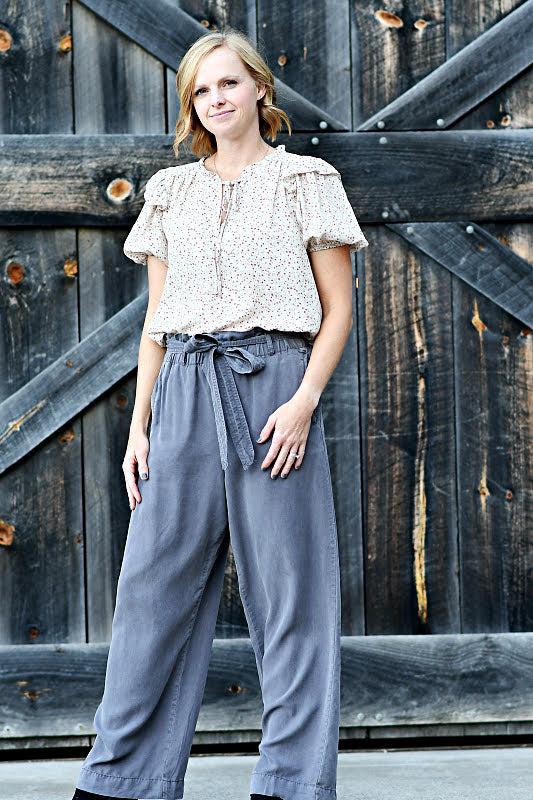 Wide Leg Paper Bag Pants with Tie in Charcoal