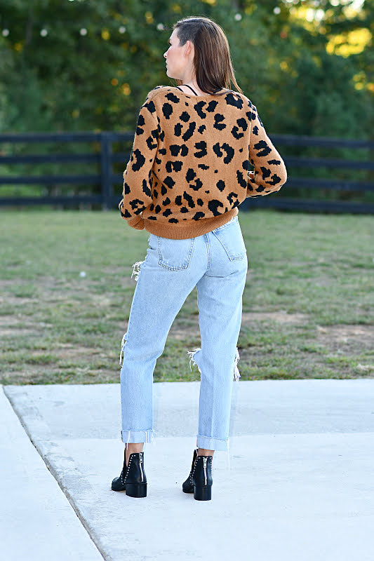 Leopard Print V Neck Sweater in Mocha and Black