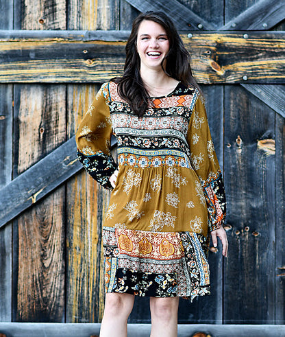 Floral Tiered Crew Neck Dress in Multi-Colored
