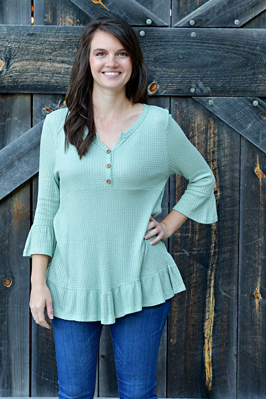 Waffle Knit Tunic Top in Sage