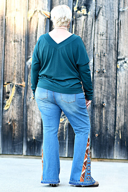 Long Sleeve Ribbed Knit Top in Teal