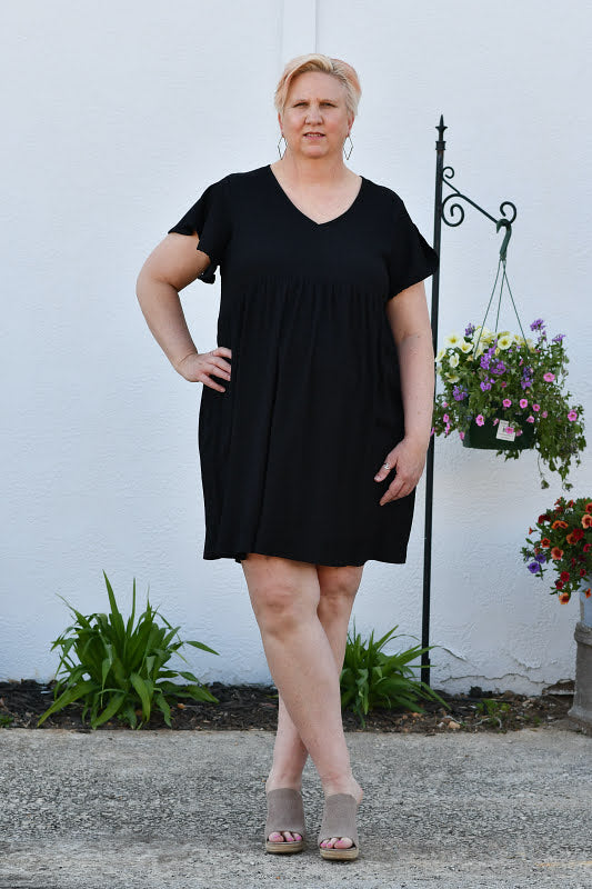 Short Sleeve Knit Empire Waist Dress in Black