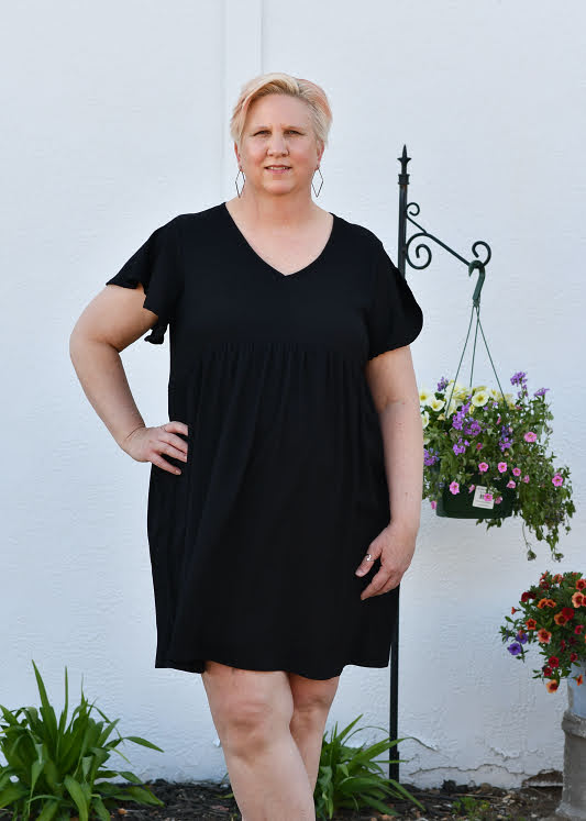 Short Sleeve Knit Empire Waist Dress in Black