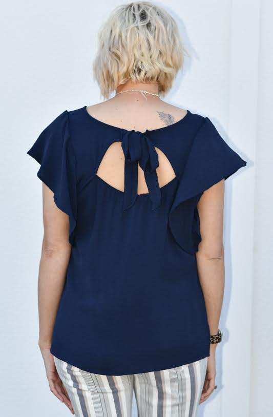 Flutter Sleeve Tied Bow Back Detail Top in Navy