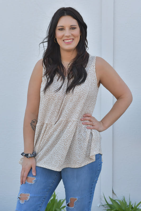 Sleeveless Animal Print Tiered Top in Taupe