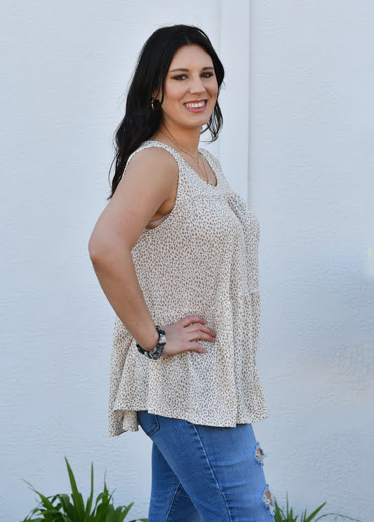 Sleeveless Animal Print Tiered Top in Taupe