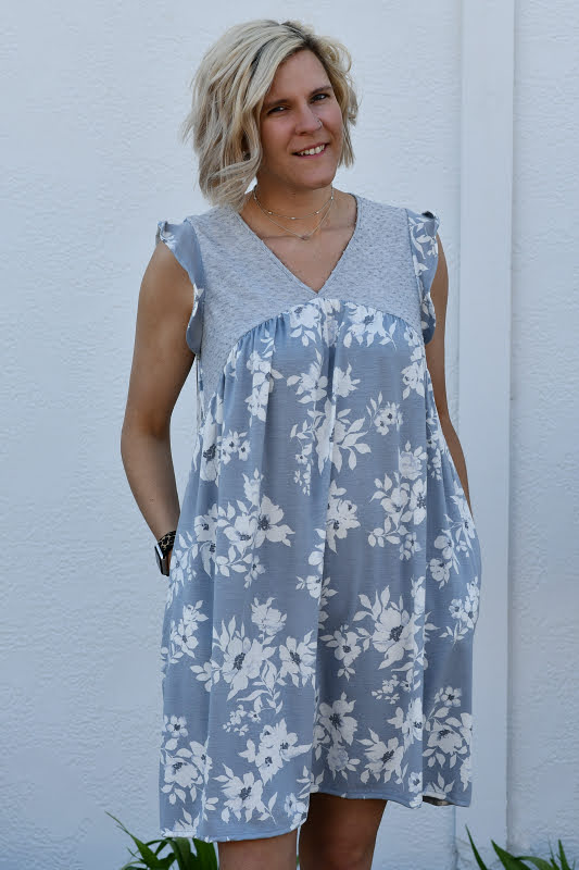Swiss Dot Yoke Detail Floral Cap Sleeve Dress in Gray Blue
