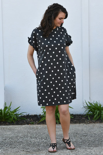 Polka Dot Ruffle Short Sleeve Dress in Charcoal