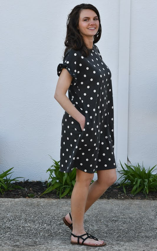 Polka Dot Ruffle Short Sleeve Dress in Charcoal