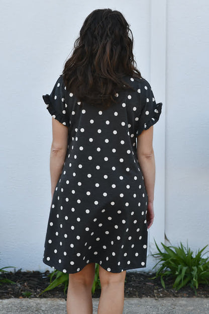 Polka Dot Ruffle Short Sleeve Dress in Charcoal