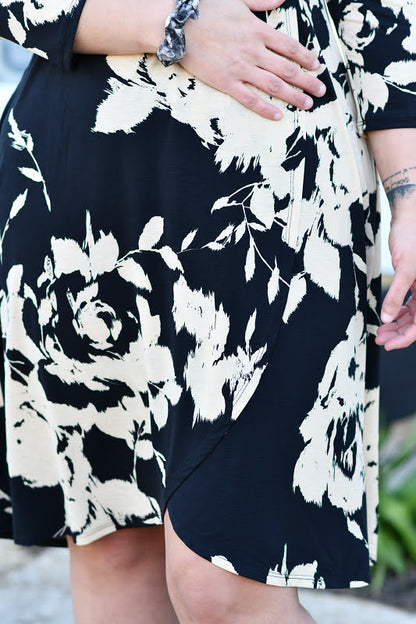 Floral Quarter Sleeve Wrap Dress in Black/Ivory