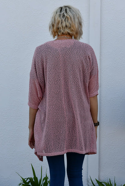 Popcorn Knit Open Front Cardigan in Rose