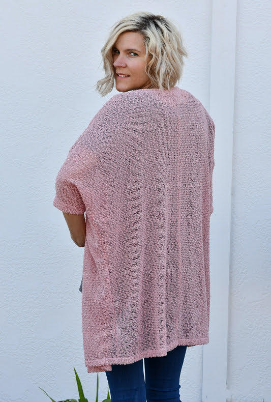 Popcorn Knit Open Front Cardigan in Rose